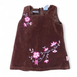 Babys Brown Velvet Floral Dress Zip Up Back Suede Flower Embroidered